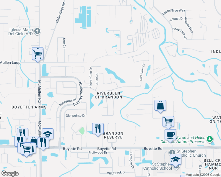 map of restaurants, bars, coffee shops, grocery stores, and more near 12408 Riverglen Drive in Riverview