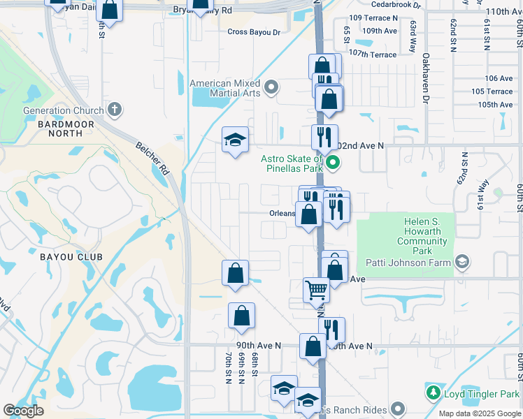 map of restaurants, bars, coffee shops, grocery stores, and more near 6880 99th Avenue in Pinellas Park