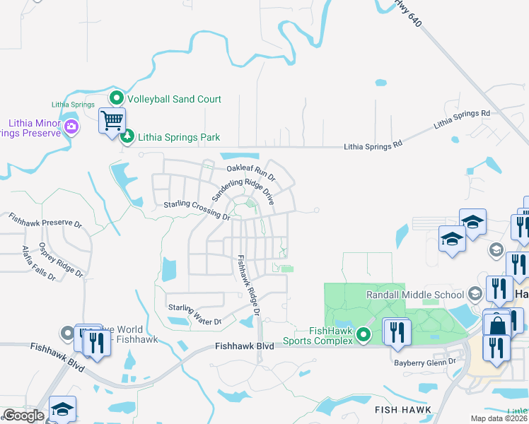 map of restaurants, bars, coffee shops, grocery stores, and more near 15906 Starling Crossing Drive in Lithia