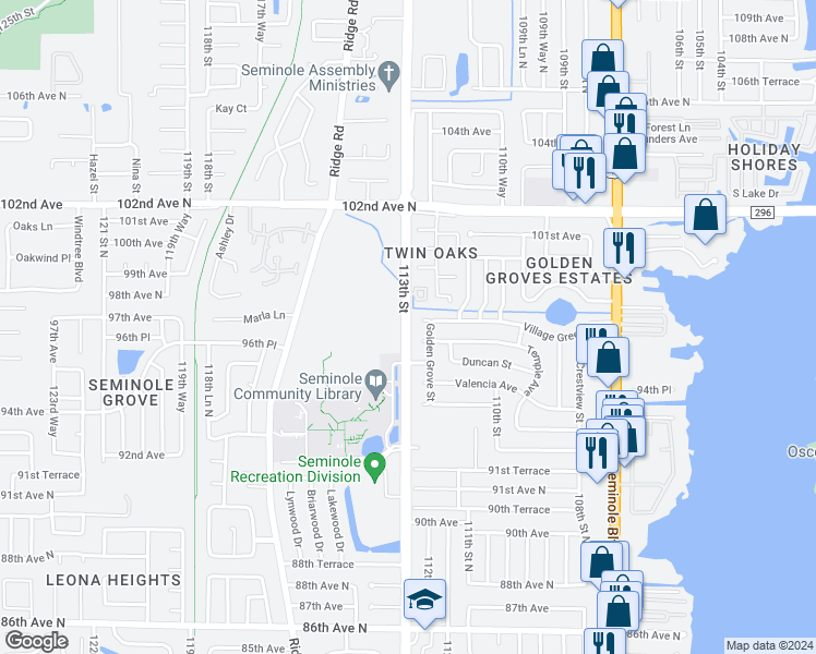 map of restaurants, bars, coffee shops, grocery stores, and more near 9881 113th Street North in Seminole