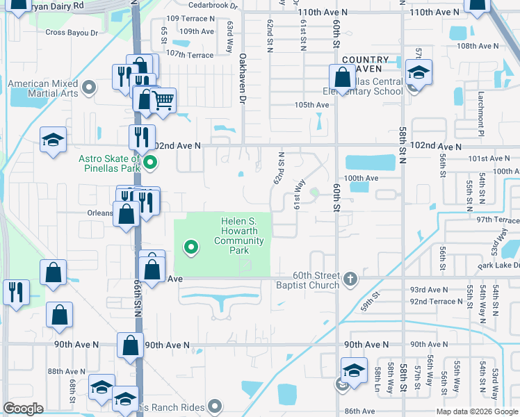 map of restaurants, bars, coffee shops, grocery stores, and more near 6220 99th Circle North in Pinellas Park
