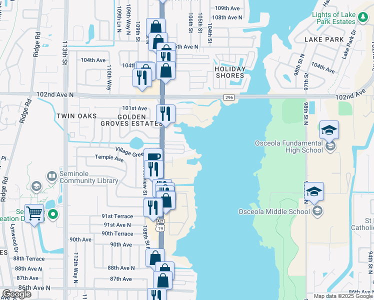 map of restaurants, bars, coffee shops, grocery stores, and more near 133 Linda Drive in Seminole