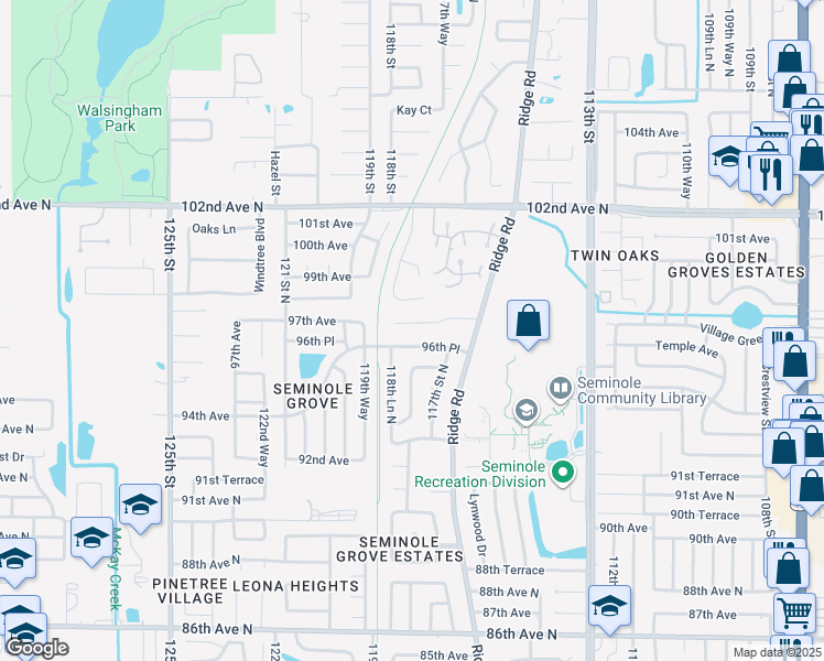 map of restaurants, bars, coffee shops, grocery stores, and more near 11876 Marla Lane in Seminole