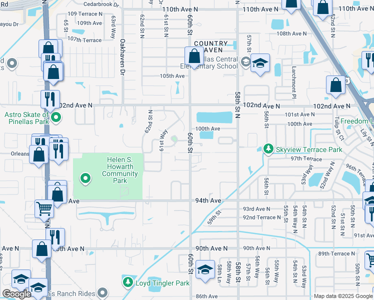 map of restaurants, bars, coffee shops, grocery stores, and more near 9800 60th Street in Pinellas Park