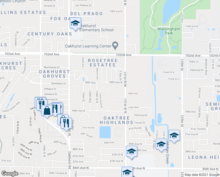 map of restaurants, bars, coffee shops, grocery stores, and more near 9440 Laura Anne Drive in Seminole