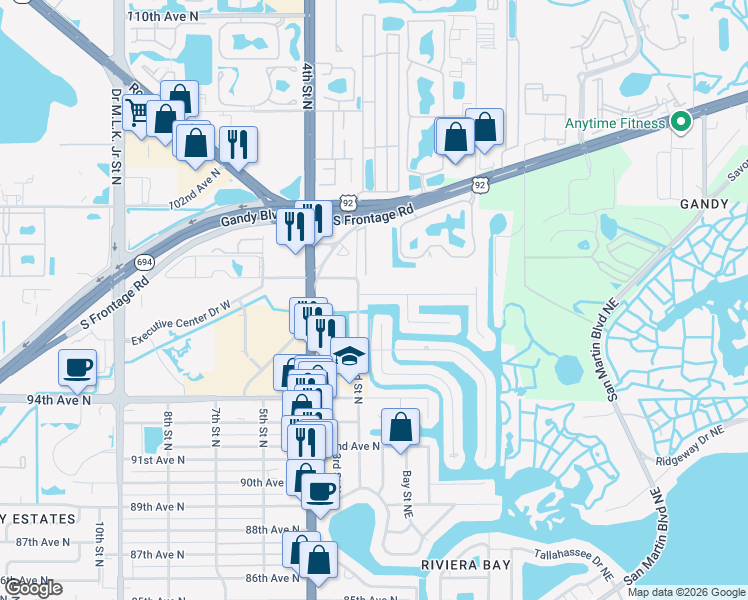 map of restaurants, bars, coffee shops, grocery stores, and more near 9701 2nd Street North in St. Petersburg