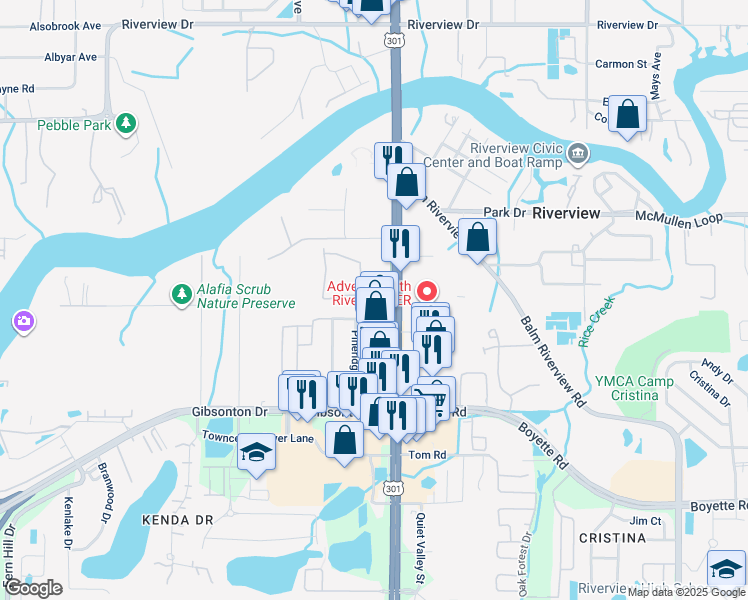 map of restaurants, bars, coffee shops, grocery stores, and more near 10620 Rivercrest Drive in Riverview