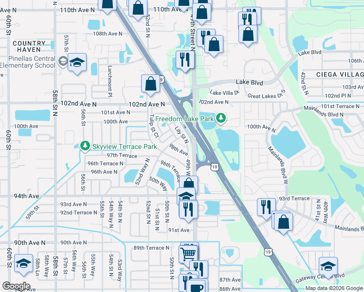 map of restaurants, bars, coffee shops, grocery stores, and more near 5013 98th Avenue North in Pinellas Park