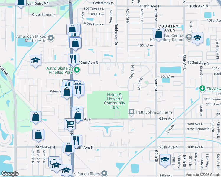 map of restaurants, bars, coffee shops, grocery stores, and more near 6315 98th Avenue North in Pinellas Park
