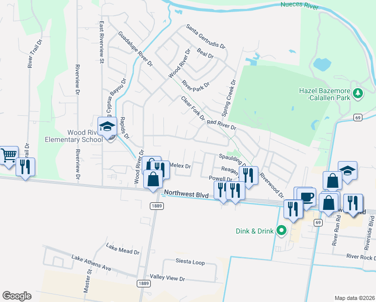 map of restaurants, bars, coffee shops, grocery stores, and more near 4033 Mount Rainer Drive in Corpus Christi