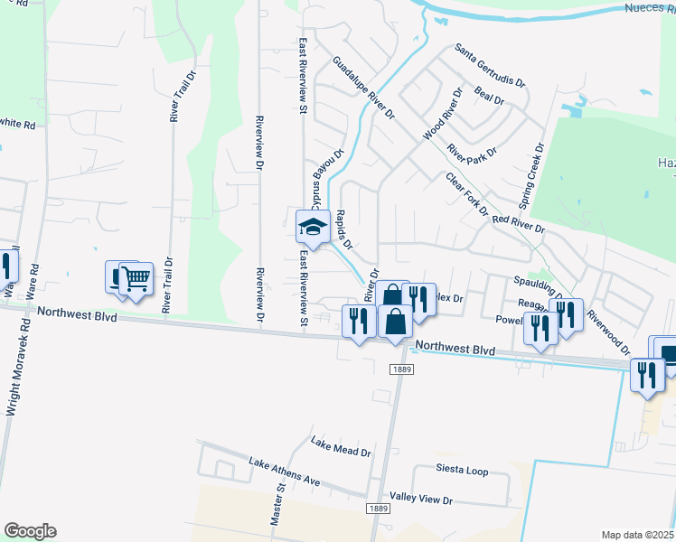 map of restaurants, bars, coffee shops, grocery stores, and more near 4113 Rapids Drive in Corpus Christi
