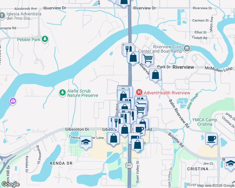 map of restaurants, bars, coffee shops, grocery stores, and more near 10525 Shady Falls Court in Riverview
