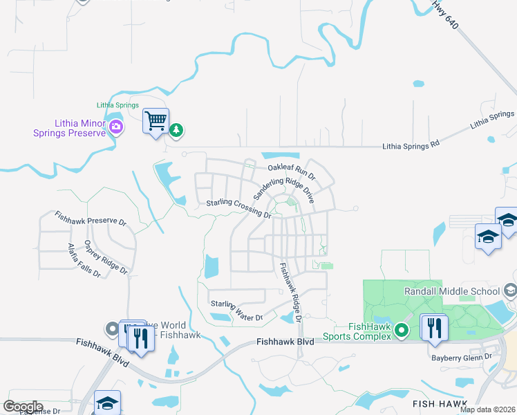 map of restaurants, bars, coffee shops, grocery stores, and more near 5302 Sanderling Ridge Drive in Lithia