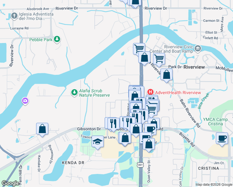 map of restaurants, bars, coffee shops, grocery stores, and more near 9337 Stone River Place in Riverview