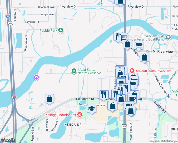 map of restaurants, bars, coffee shops, grocery stores, and more near 8821 Mathog Road in Riverview