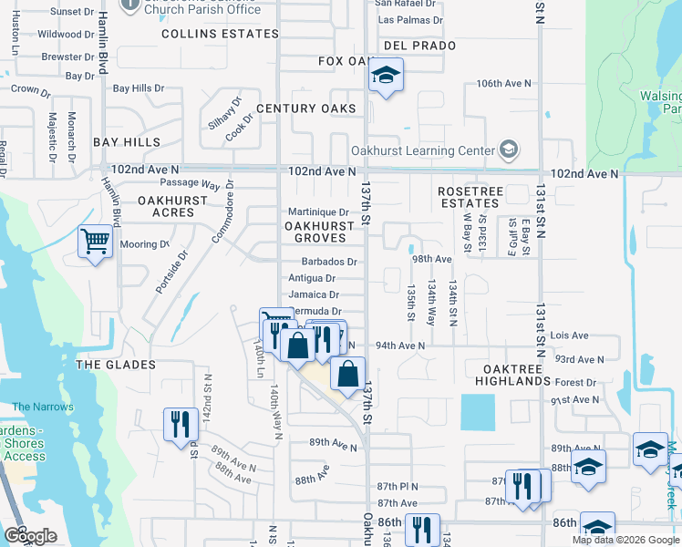 map of restaurants, bars, coffee shops, grocery stores, and more near 13826 Antigua Drive in Seminole