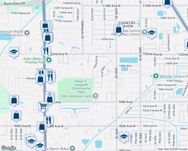 map of restaurants, bars, coffee shops, grocery stores, and more near 6197 98th Avenue North in Pinellas Park