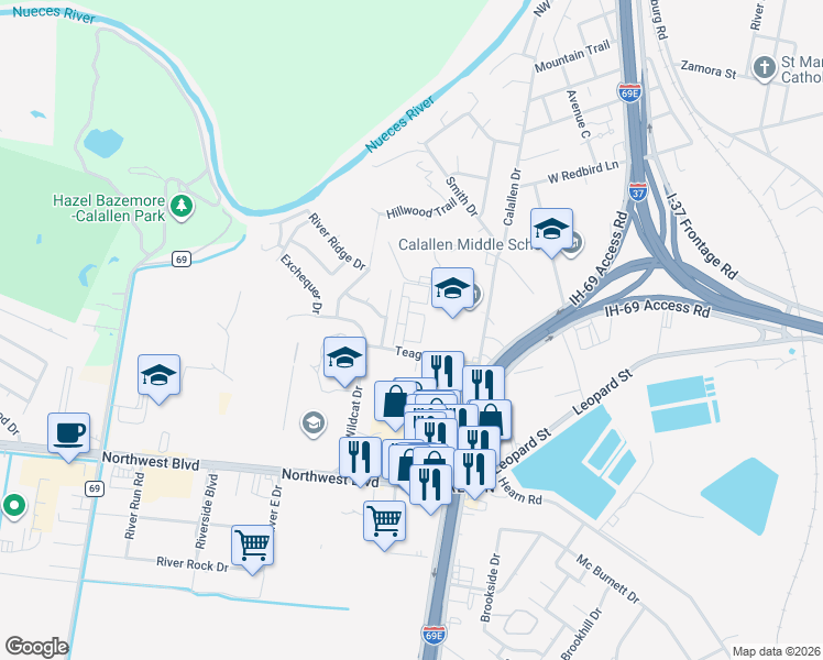 map of restaurants, bars, coffee shops, grocery stores, and more near 13656 Teague Lane in Corpus Christi