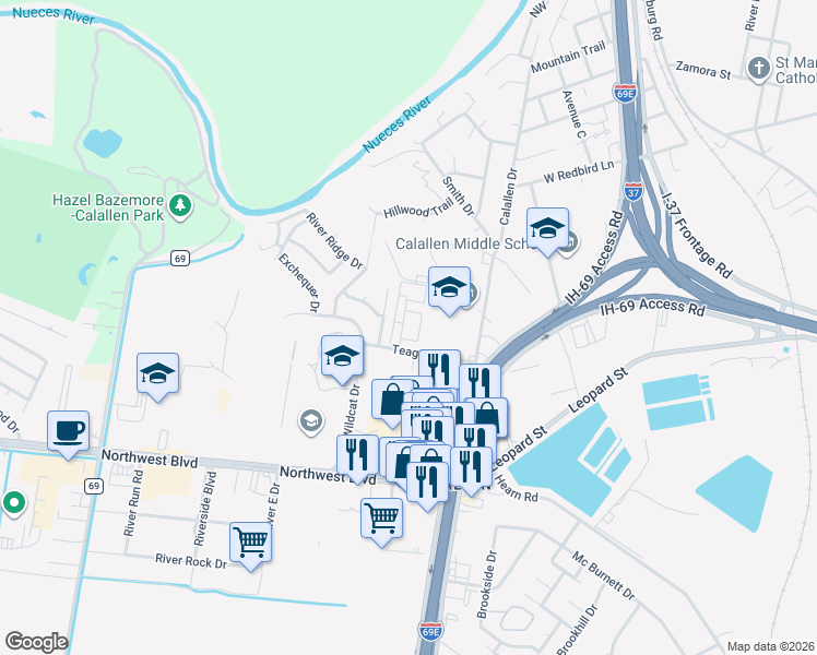map of restaurants, bars, coffee shops, grocery stores, and more near 13656 Teague Lane in Corpus Christi