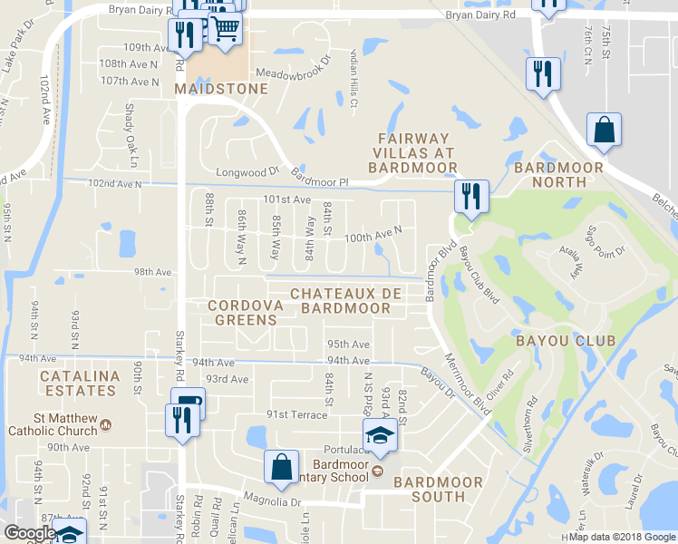 map of restaurants, bars, coffee shops, grocery stores, and more near 9888 84th Street in Seminole