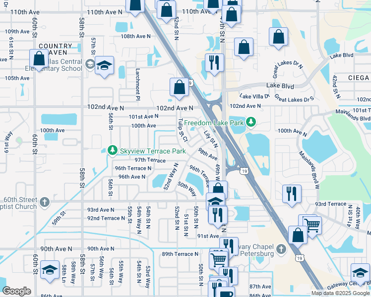 map of restaurants, bars, coffee shops, grocery stores, and more near 5170 98th Avenue North in Pinellas Park