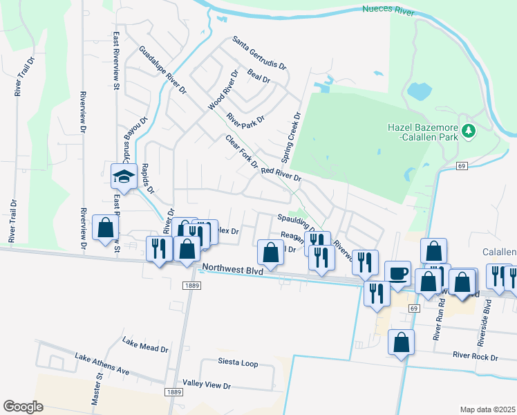 map of restaurants, bars, coffee shops, grocery stores, and more near 14630 Spaulding Drive in Corpus Christi