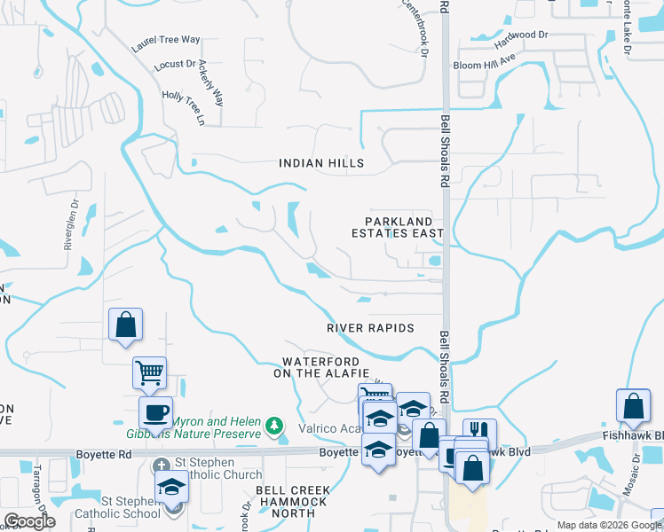 map of restaurants, bars, coffee shops, grocery stores, and more near 808 River Hammock Boulevard in Brandon