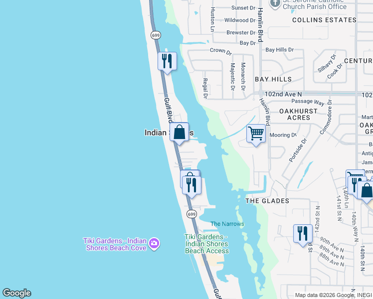 map of restaurants, bars, coffee shops, grocery stores, and more near 19823 Gulf Boulevard in Indian Shores