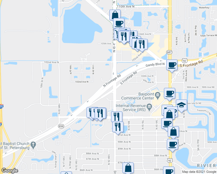 map of restaurants, bars, coffee shops, grocery stores, and more near 1170 Florida 694 in St. Petersburg