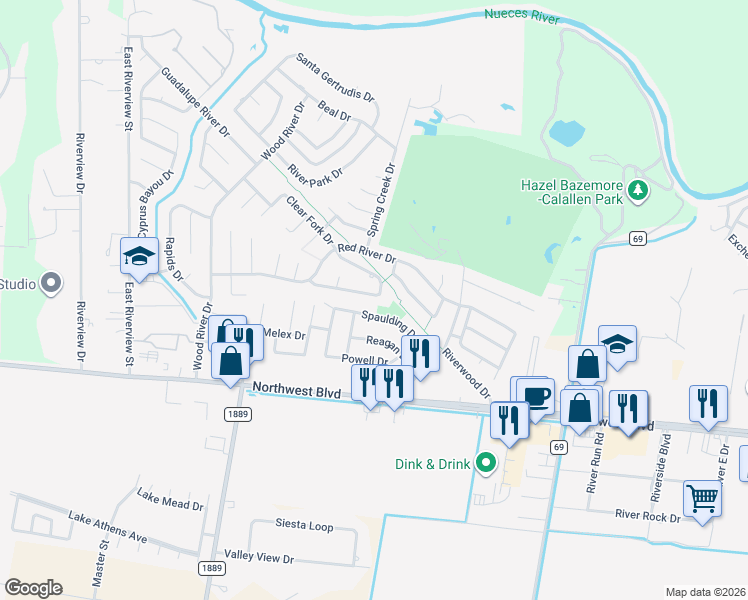 map of restaurants, bars, coffee shops, grocery stores, and more near 14602 Spaulding Drive in Corpus Christi
