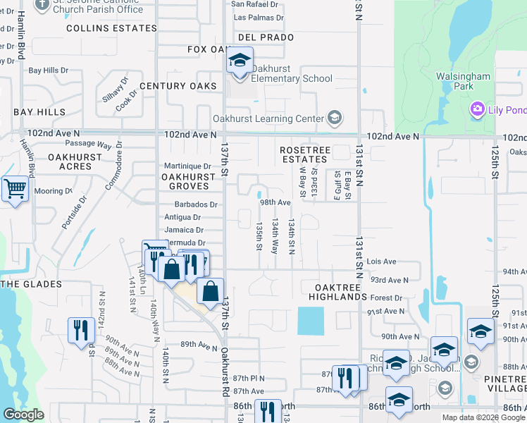 map of restaurants, bars, coffee shops, grocery stores, and more near 9737 135th Street in Seminole