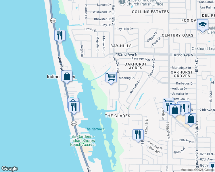 map of restaurants, bars, coffee shops, grocery stores, and more near 9662 Tara Cay Court in Seminole