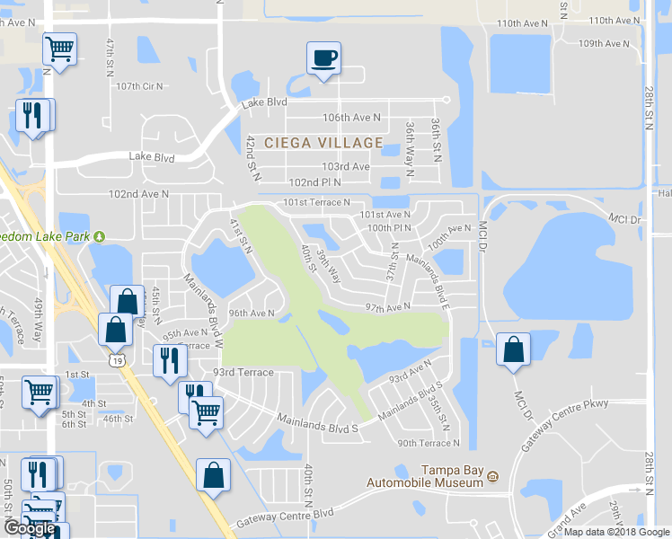 map of restaurants, bars, coffee shops, grocery stores, and more near 9917 39th Way in Pinellas Park