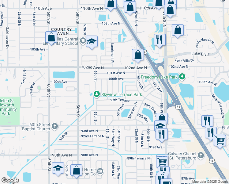 map of restaurants, bars, coffee shops, grocery stores, and more near 9801 54th Street North in Pinellas Park