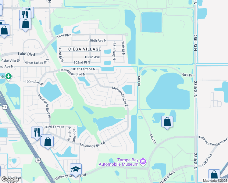 map of restaurants, bars, coffee shops, grocery stores, and more near 9834 36th Street North in Pinellas Park