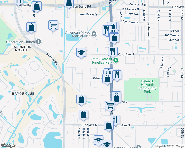 map of restaurants, bars, coffee shops, grocery stores, and more near 6880 99th Avenue in Pinellas Park