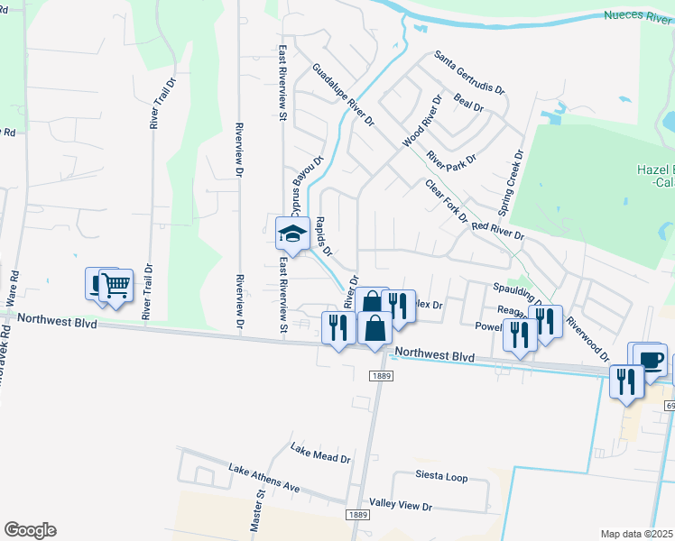 map of restaurants, bars, coffee shops, grocery stores, and more near 4113 Rapids Drive in Corpus Christi