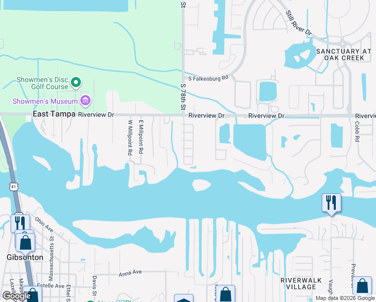 map of restaurants, bars, coffee shops, grocery stores, and more near 8805 Barcin Circle in Riverview
