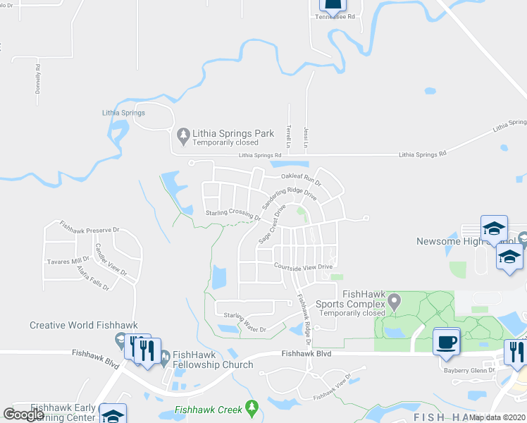 map of restaurants, bars, coffee shops, grocery stores, and more near 5406 Sanderling Ridge Drive in Lithia