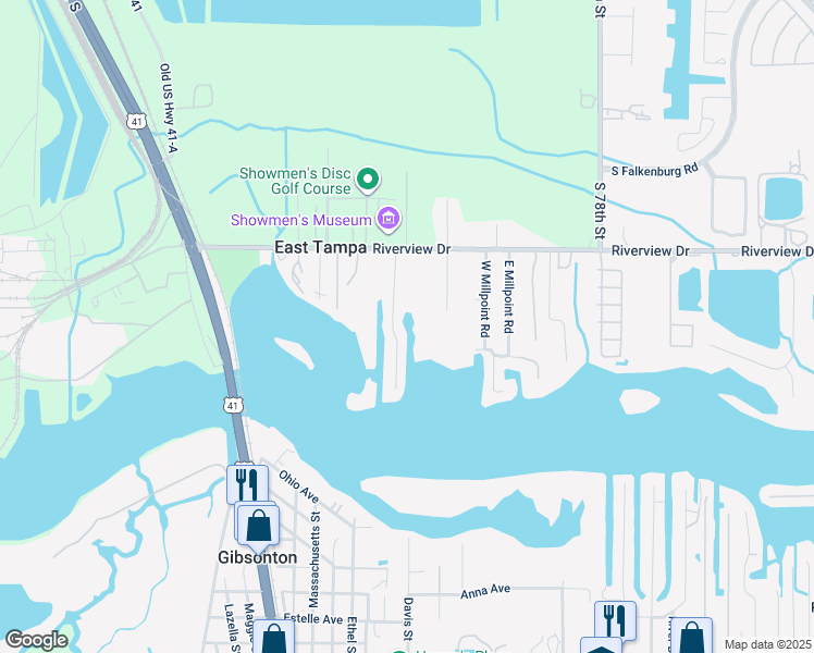 map of restaurants, bars, coffee shops, grocery stores, and more near 9406 Oak Street in Riverview