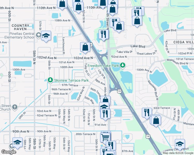 map of restaurants, bars, coffee shops, grocery stores, and more near 5100 98th Avenue North in Pinellas Park