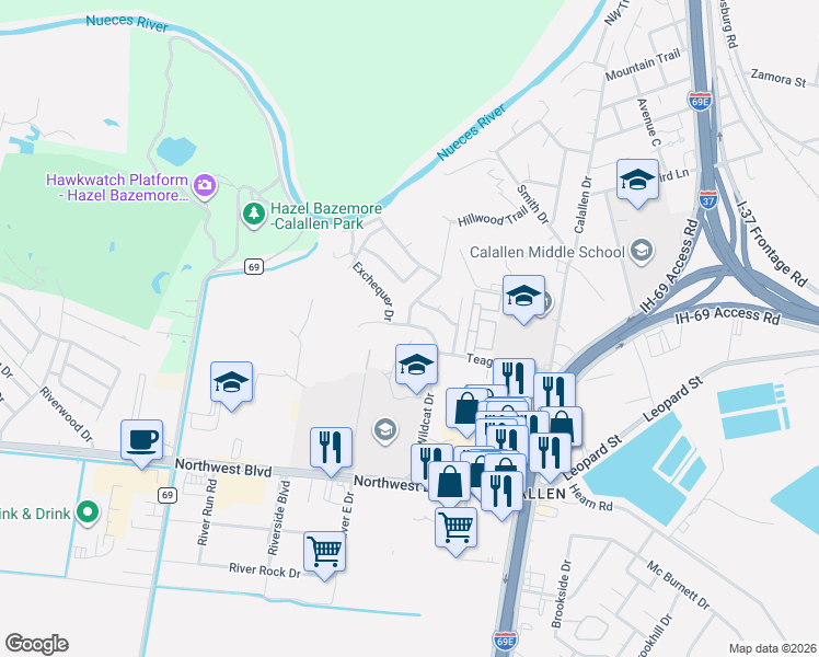 map of restaurants, bars, coffee shops, grocery stores, and more near 4205 Wildcat Drive in Corpus Christi