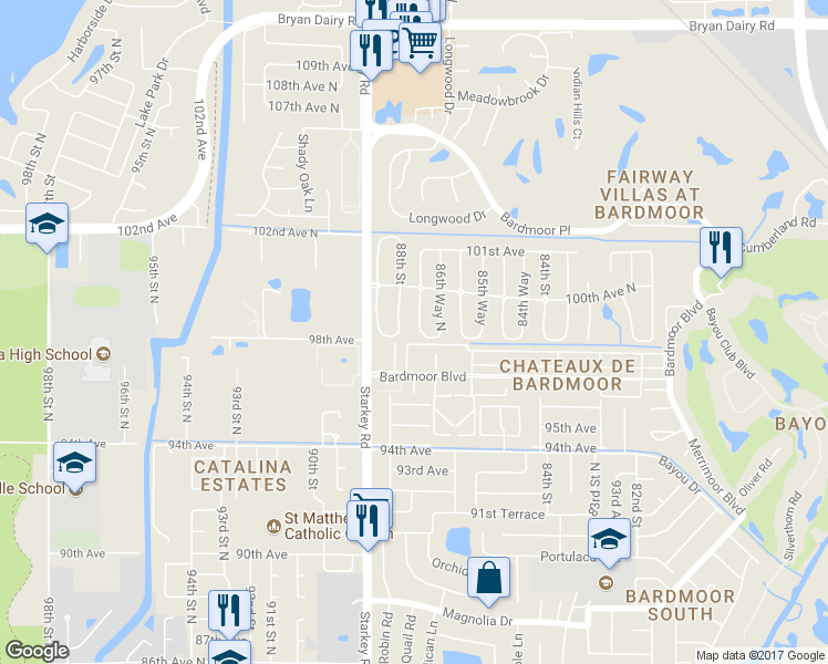 map of restaurants, bars, coffee shops, grocery stores, and more near 9834 87th Street in Seminole