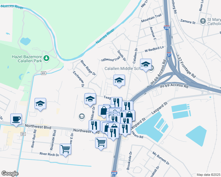 map of restaurants, bars, coffee shops, grocery stores, and more near 13656 Teague Lane in Corpus Christi