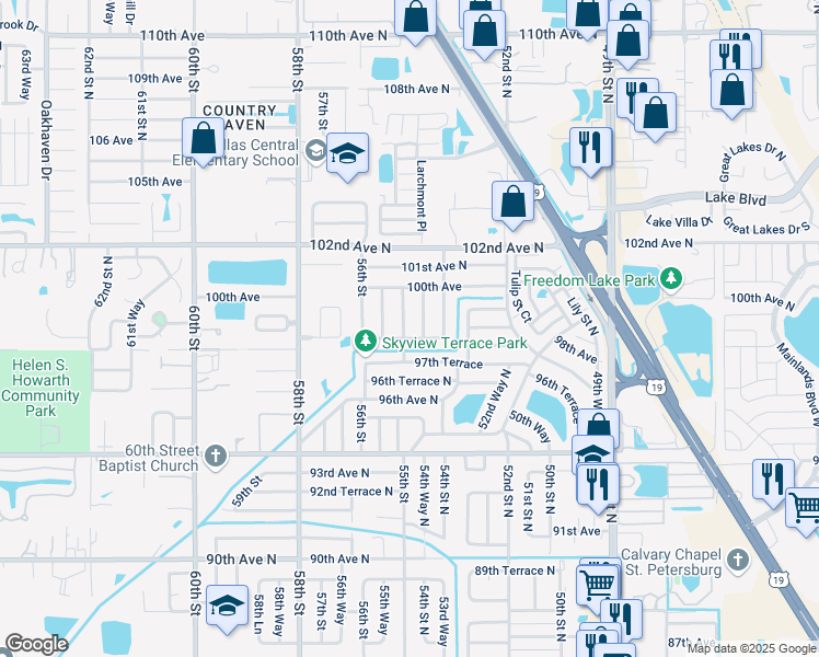 map of restaurants, bars, coffee shops, grocery stores, and more near 9900 55th Street North in Pinellas Park