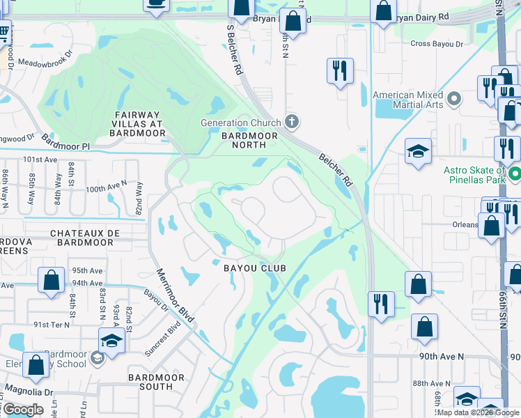 map of restaurants, bars, coffee shops, grocery stores, and more near 7696 Aralia Way in Seminole