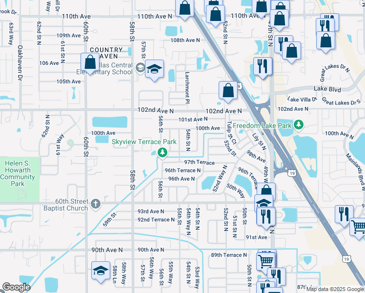 map of restaurants, bars, coffee shops, grocery stores, and more near 9900 55th Street North in Pinellas Park