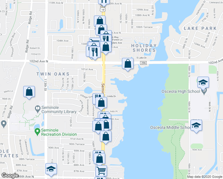 map of restaurants, bars, coffee shops, grocery stores, and more near 9911 Seminole Boulevard in Seminole