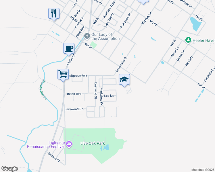 map of restaurants, bars, coffee shops, grocery stores, and more near 2207 Timberleaf Circle in Ingleside
