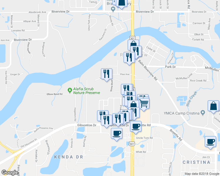 map of restaurants, bars, coffee shops, grocery stores, and more near 9317 Stone River Place in Riverview
